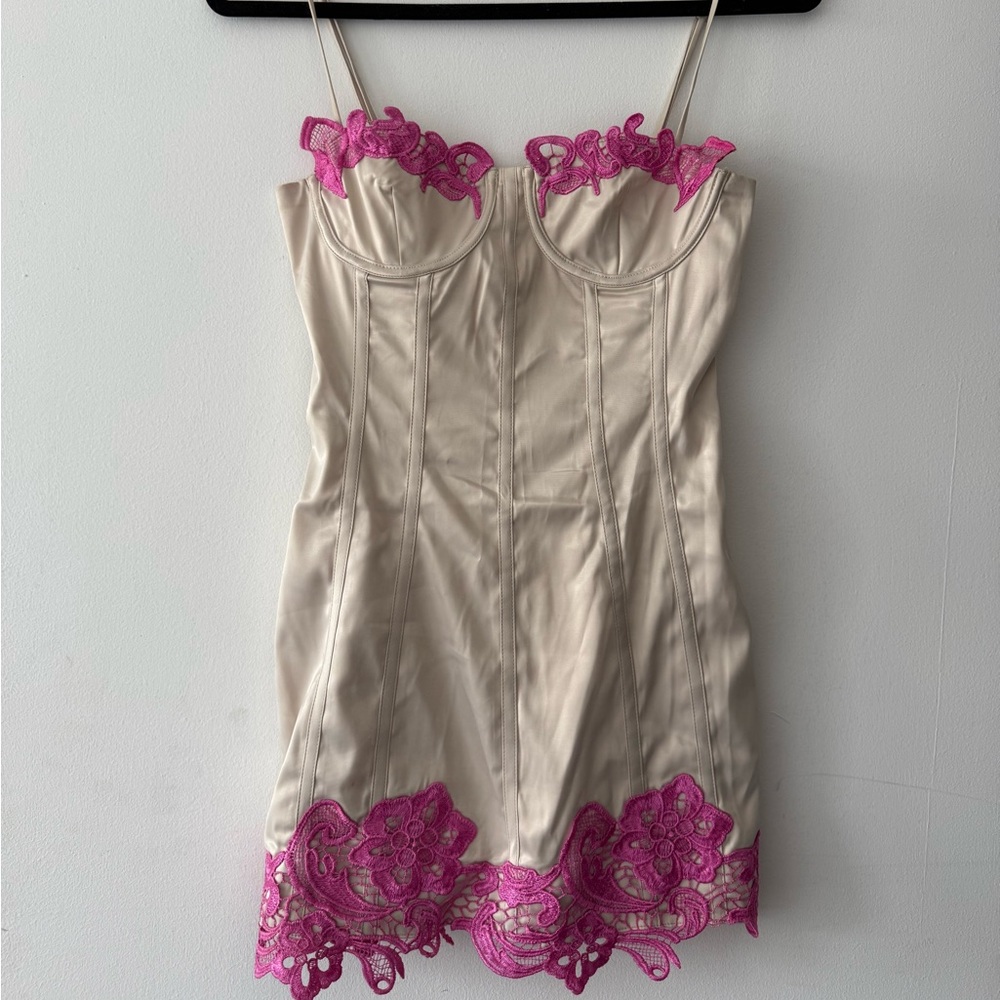 Meshki Cream and Pink Lace Mini Dress